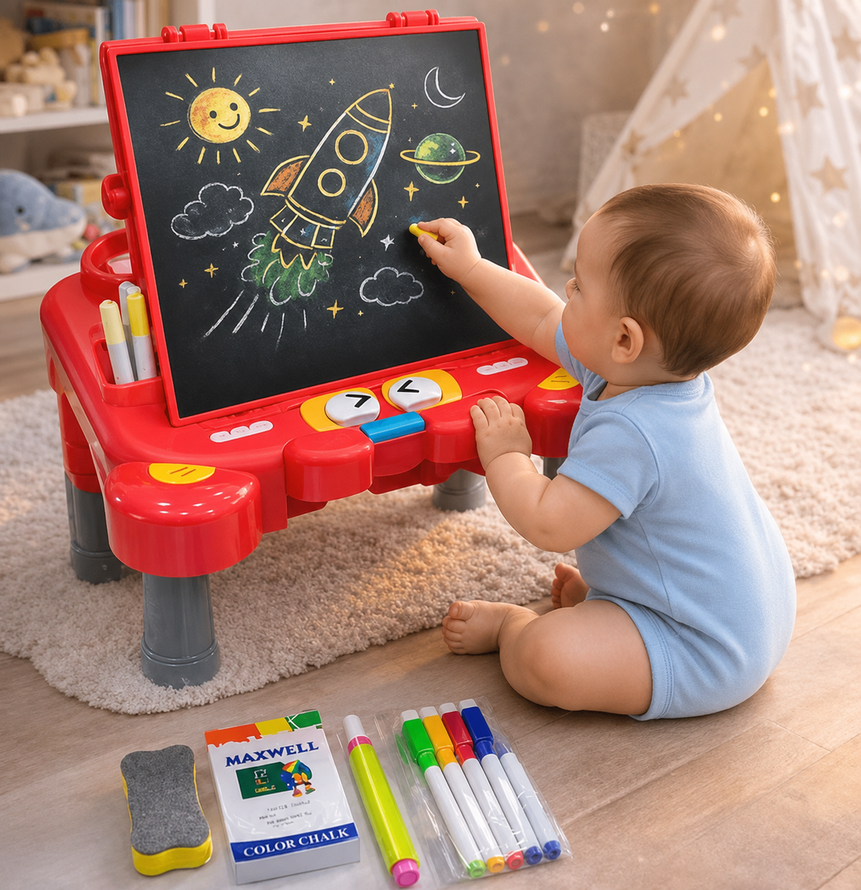 2-in-1 Kids Drawing Board with Table & Chair | Double-Sided Magnetic Art Easel | Educational Drawing & Writing Board for Kids 3+