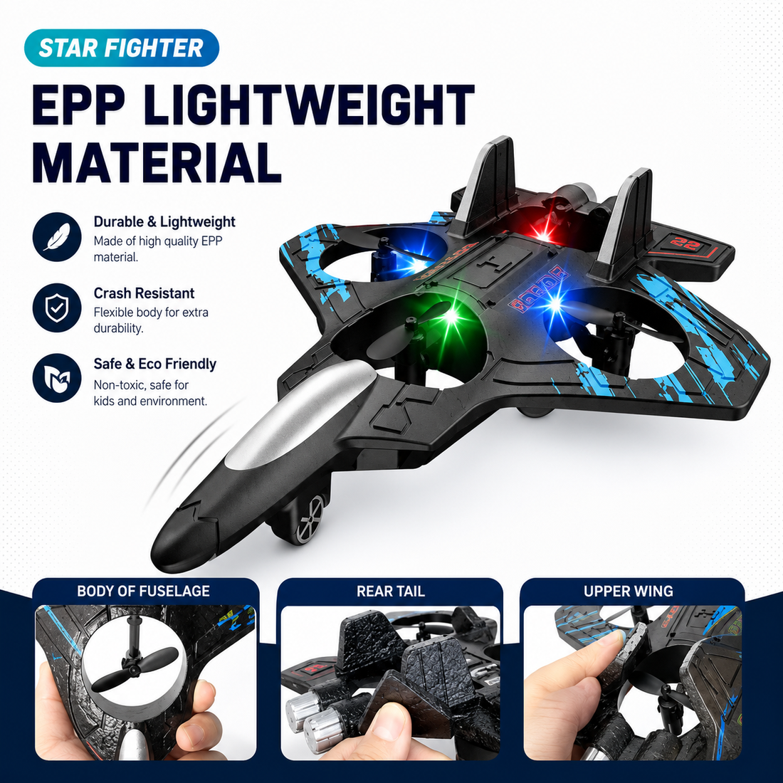 S2 2.4GHz RC Fighter Plane Drone with LED Lights & 360° Stunt Flying