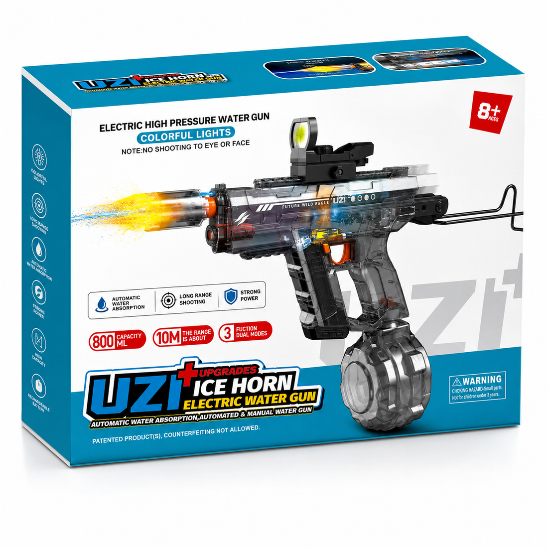 Electric UZI Water Gun with LED Light Muzzle | Rechargeable High Pressure Water Blaster 800ML for Kids