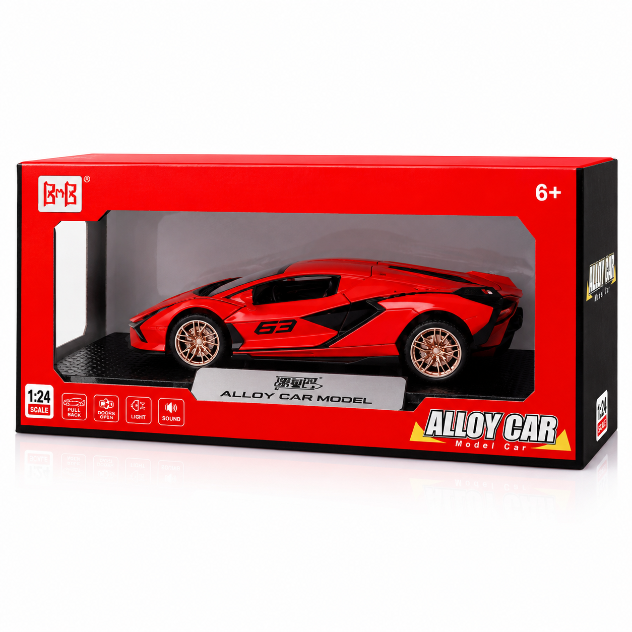 1:24 Die-Cast Sports Car Model | Pull Back Alloy Supercar with Opening Doors, Lights & Sound | 4 Colors