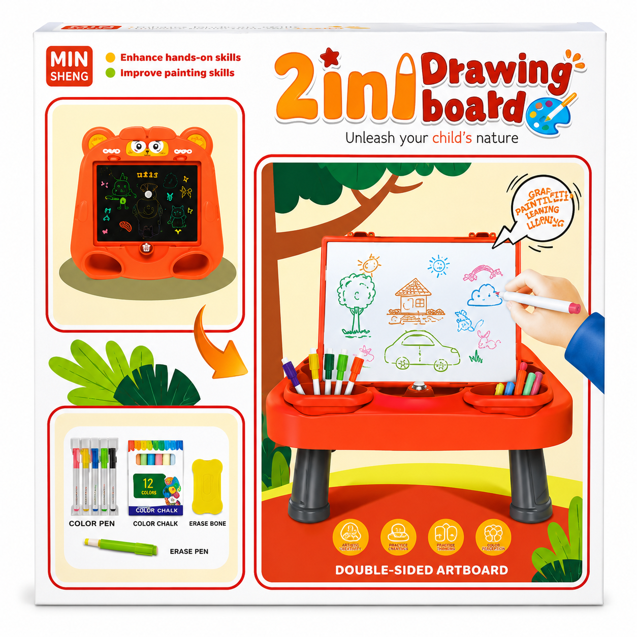 2-in-1 Kids Drawing Board with Table & Chair | Double-Sided Magnetic Art Easel | Educational Drawing & Writing Board for Kids 3+