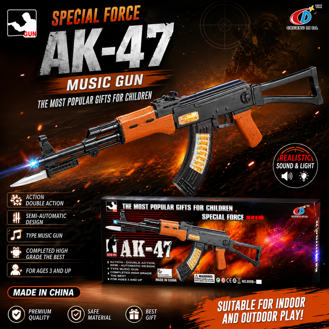 AK-47 Special Force Toy Gun with Lights & Music | Battery Operated Kids Rifle | Safe Plastic Toy Gun for Boys | Best Gift for Kids Age 3+ | CHToys.pk