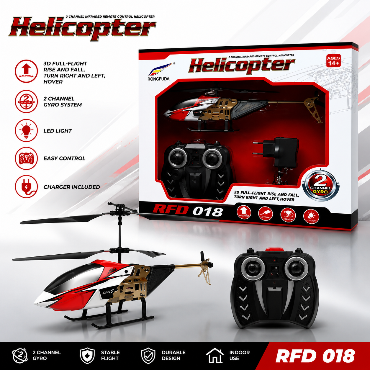 2 Channel RC Helicopter with Gyro & LED Light | Rechargeable Remote Control Helicopter for Kids 14+