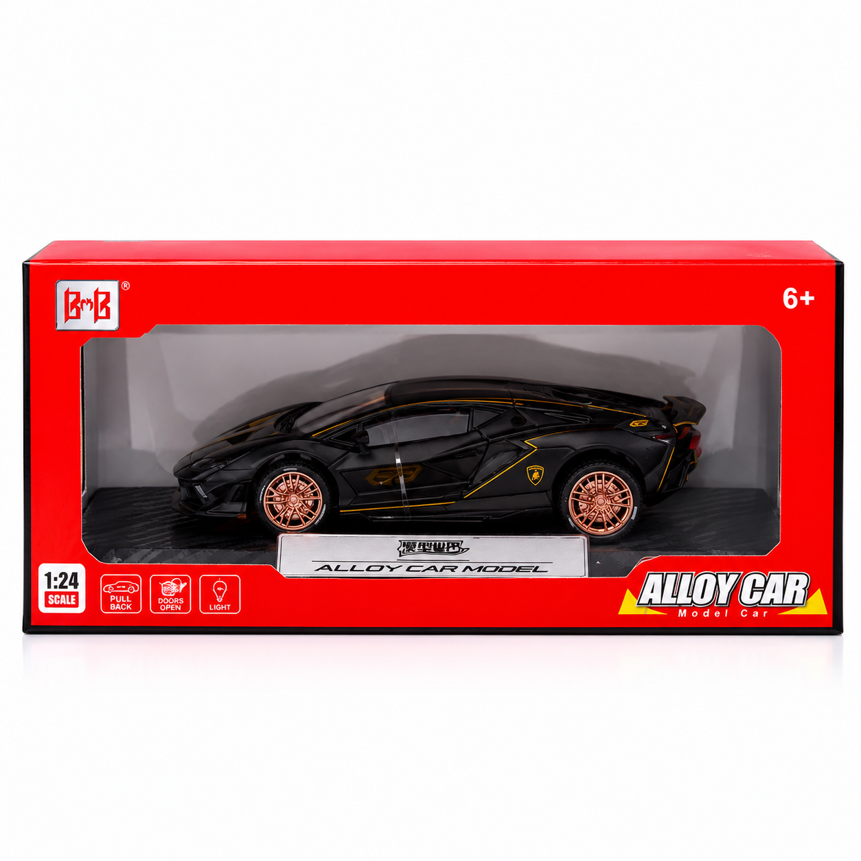 1:24 Die-Cast Sports Car Model | Pull Back Alloy Supercar with Opening Doors, Lights & Sound | 4 Colors