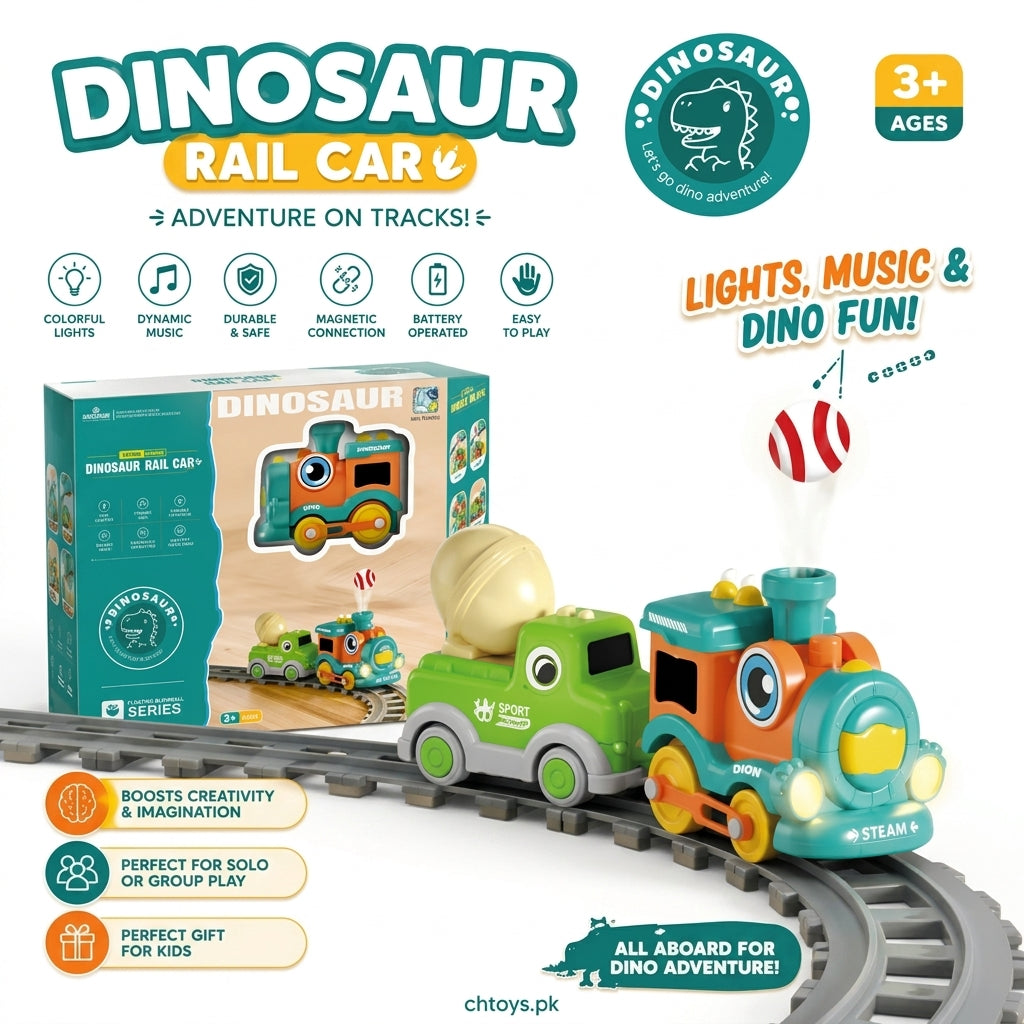 Dinosaur Rail Car 5-in-1 Adventure Train Playset with Floating Blowball & Flexible Tracks