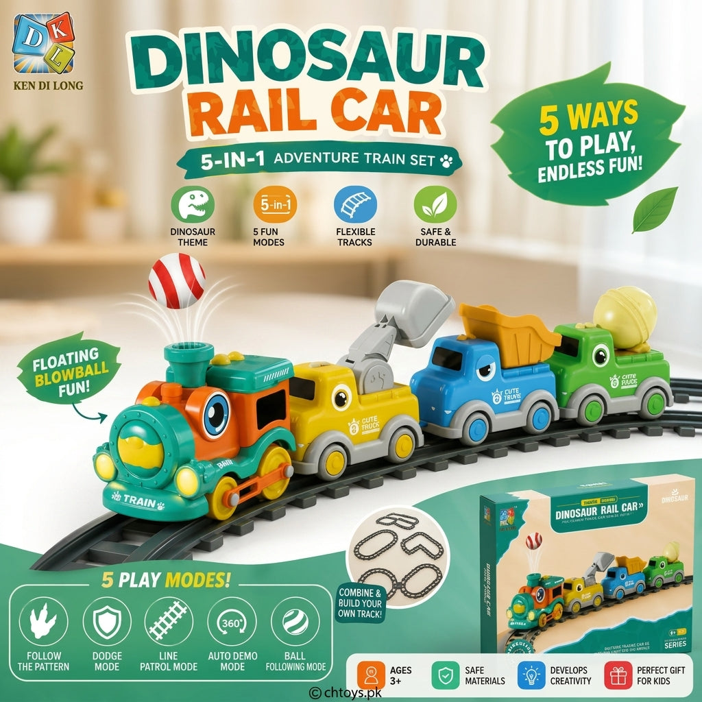 Dinosaur Rail Car 5-in-1 Adventure Train Playset with Floating Blowball & Flexible Tracks