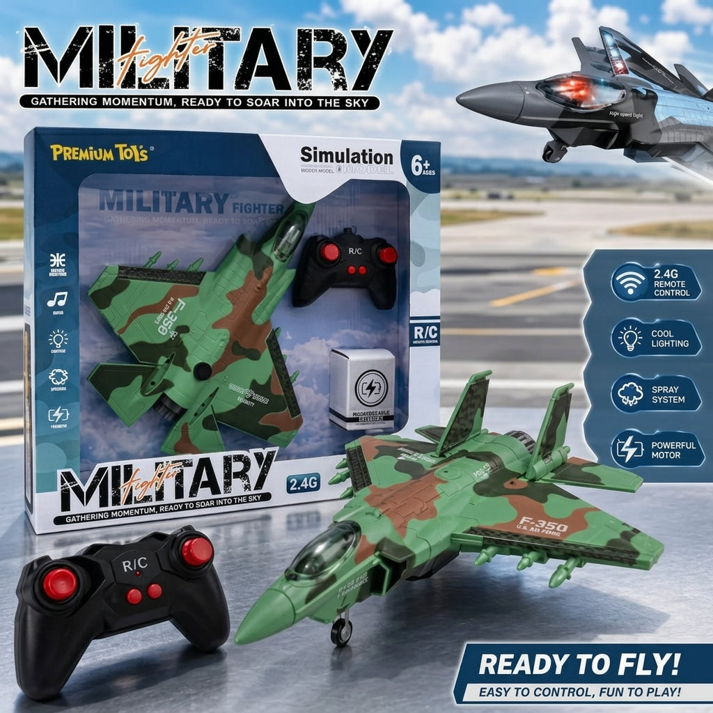 Remote Control Military Fighter Jet F-350 with Spray Smoke & LED Lights | Rechargeable RC Toy Plane for Kids