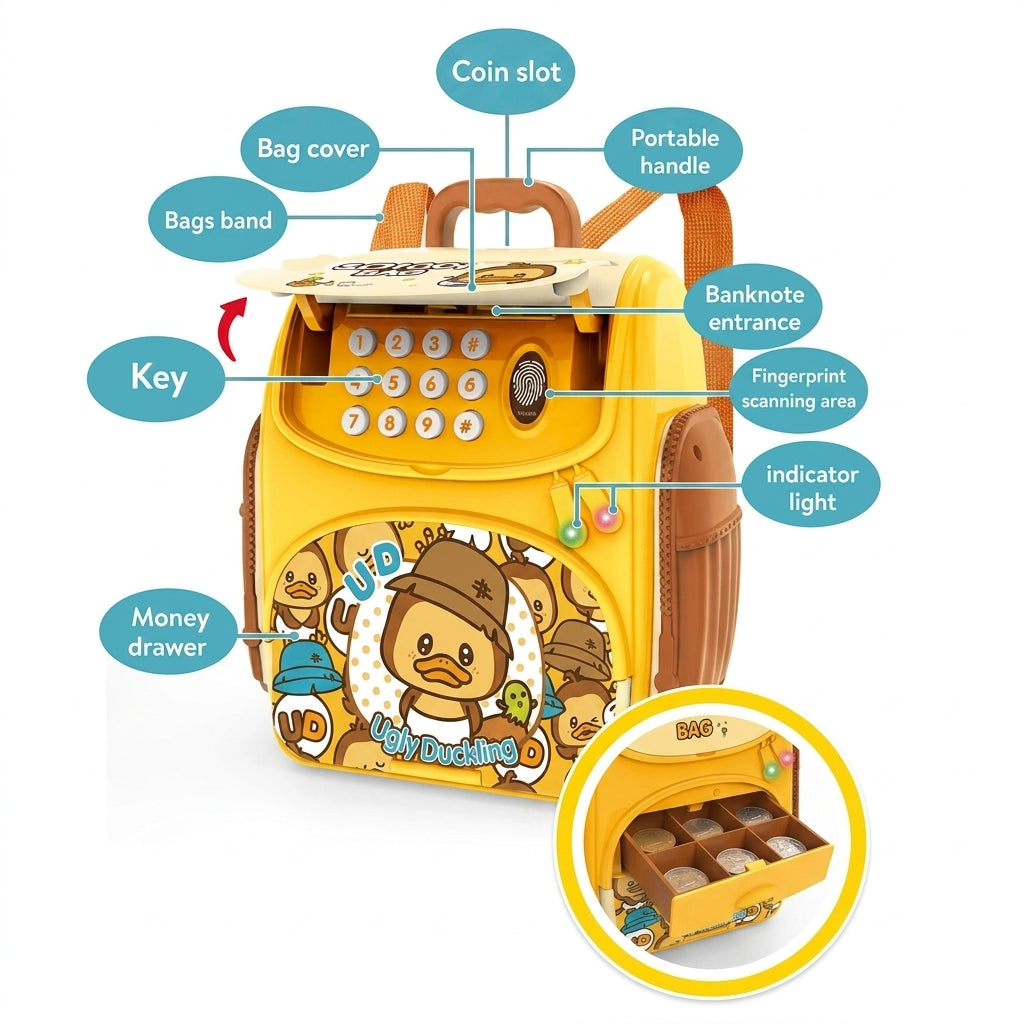 School Bag Electronic ATM Piggy Bank Toy – Electronic Password Savings Vault with Fingerprint Scanner for Kids